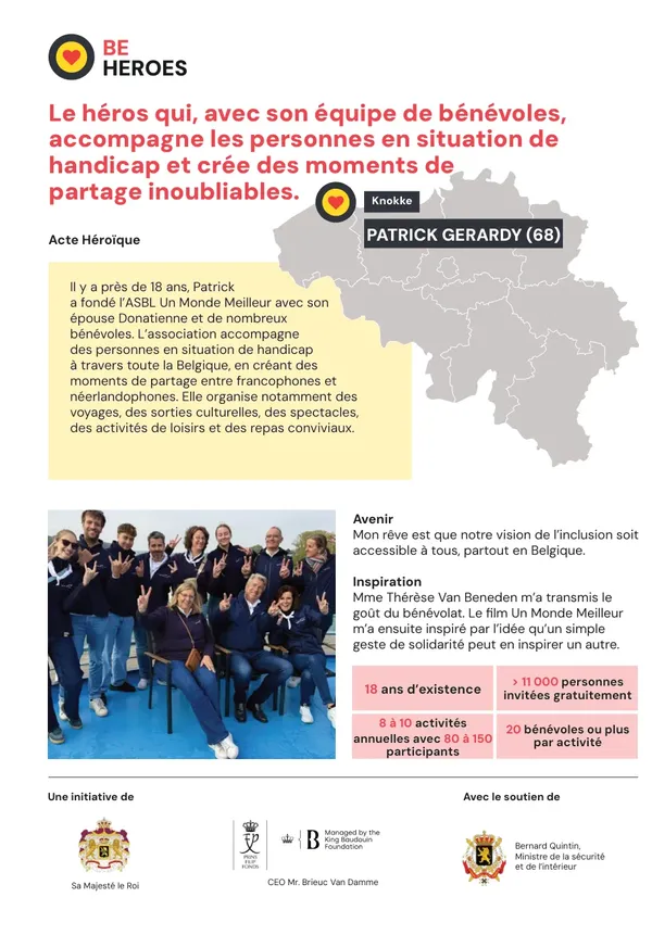 Page 12 de la brochure BeHeroes 2026, consacrée à Patrick Gerardy
