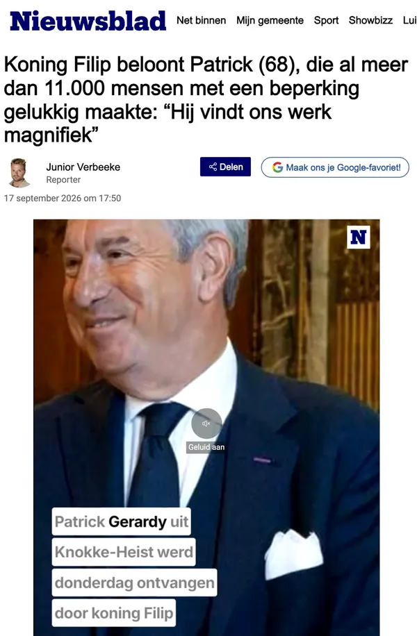Haut de l'article de Het Nieuwsblad : titre et photo